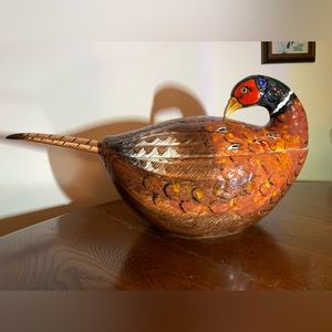 Vintage Italian Ceramic Pheasant Soup Tureen - 3 Pieces with Ladle